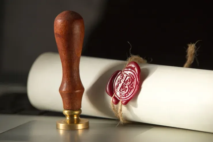 Wax seal stamp beside rolled parchment.